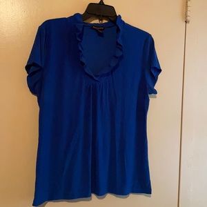 Susan Lawerence Petite Navy Blue Ruffled V-neck Blouse Size: PXL